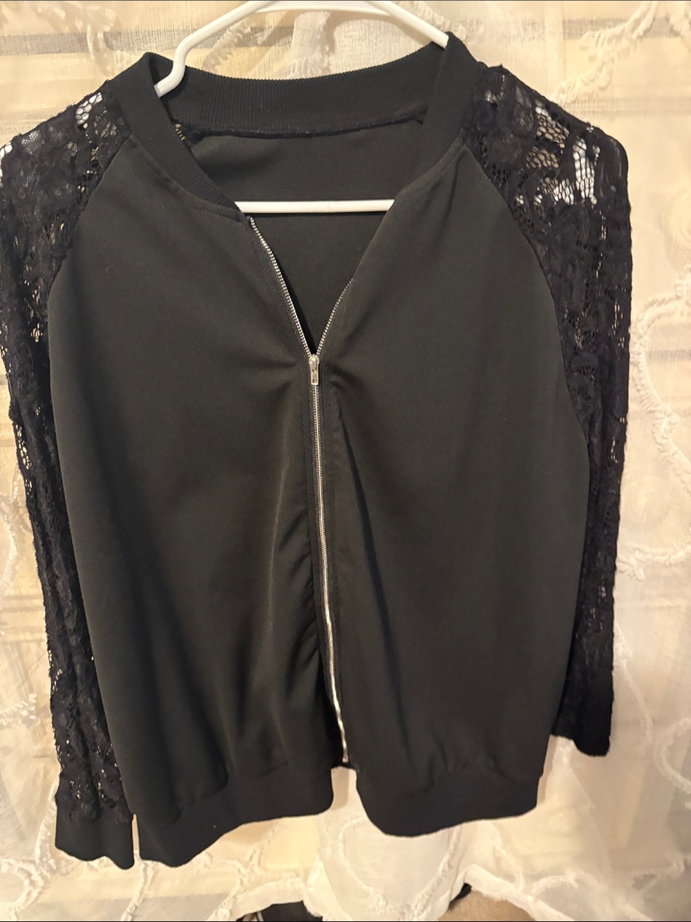 SHEIN Black Lace Raglan-Sleeve Bomber Jacket